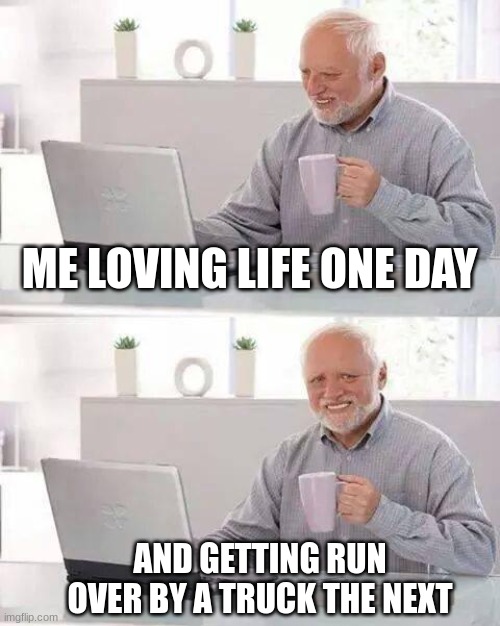 nooooo | ME LOVING LIFE ONE DAY; AND GETTING RUN OVER BY A TRUCK THE NEXT | image tagged in memes,hide the pain harold | made w/ Imgflip meme maker