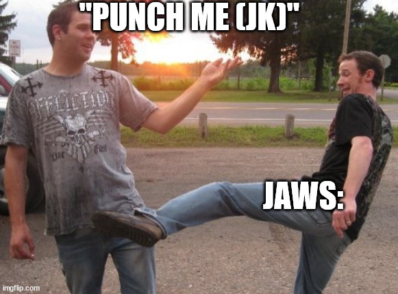 Nut shot | "PUNCH ME (JK)" JAWS: | image tagged in nut shot | made w/ Imgflip meme maker