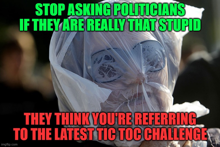 Plastic Bag Challenge | STOP ASKING POLITICIANS IF THEY ARE REALLY THAT STUPID; THEY THINK YOU'RE REFERRING TO THE LATEST TIC TOC CHALLENGE | image tagged in plastic bag challenge | made w/ Imgflip meme maker