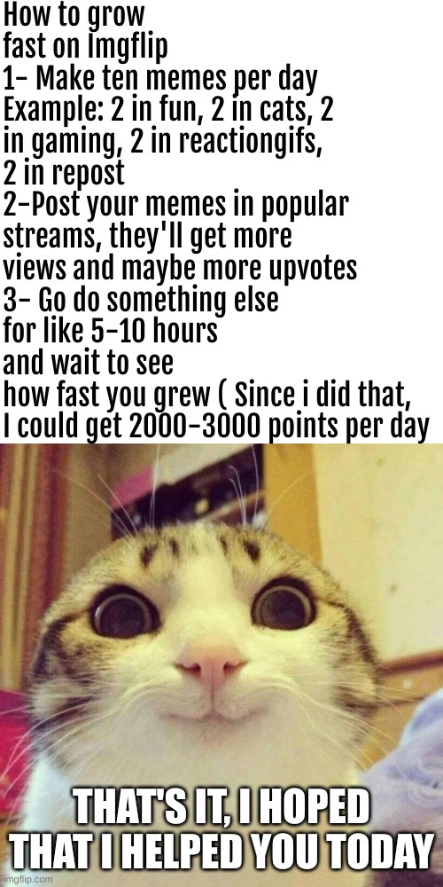 How to grow fast on Imgflip | How to grow fast on Imgflip
1- Make ten memes per day
Example: 2 in fun, 2 in cats, 2 in gaming, 2 in reactiongifs, 2 in repost
2-Post your memes in popular streams, they'll get more views and maybe more upvotes
3- Go do something else for like 5-10 hours
and wait to see 
how fast you grew ( Since i did that, I could get 2000-3000 points per day; THAT'S IT, I HOPED THAT I HELPED YOU TODAY | image tagged in memes,smiling cat | made w/ Imgflip meme maker