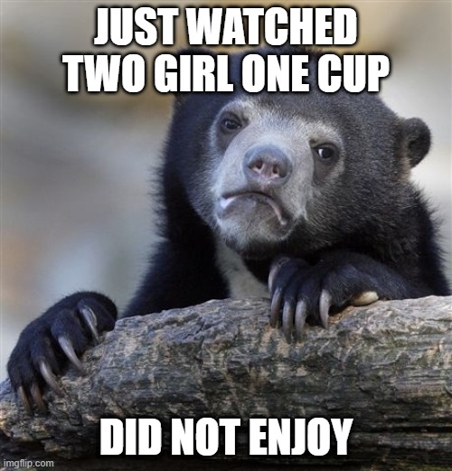 hes kinda right | JUST WATCHED TWO GIRL ONE CUP; DID NOT ENJOY | image tagged in memes,confession bear | made w/ Imgflip meme maker