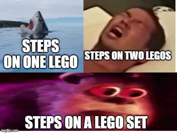 Lego | STEPS ON ONE LEGO; STEPS ON TWO LEGOS; STEPS ON A LEGO SET | image tagged in sully,shark,funny memes,lego | made w/ Imgflip meme maker