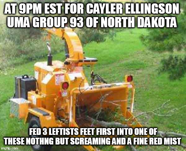 Wood chipper | AT 9PM EST FOR CAYLER ELLINGSON 
UMA GROUP 93 OF NORTH DAKOTA; FED 3 LEFTISTS FEET FIRST INTO ONE OF THESE NOTHNG BUT SCREAMING AND A FINE RED MIST | image tagged in wood chipper | made w/ Imgflip meme maker