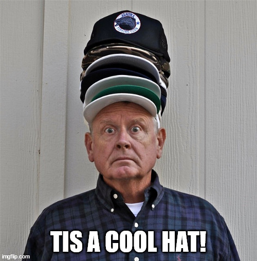 Too many hats | TIS A COOL HAT! | image tagged in too many hats | made w/ Imgflip meme maker