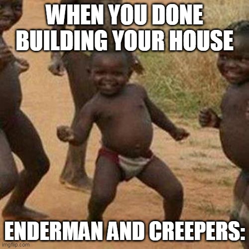 Third World Success Kid Meme | WHEN YOU DONE BUILDING YOUR HOUSE; ENDERMAN AND CREEPERS: | image tagged in memes,third world success kid,minecraft | made w/ Imgflip meme maker