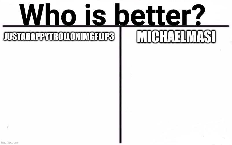 The Cringe Guy VS. Justahappytrollonimgflip3. Loser: in comments | Who is better? JUSTAHAPPYTROLLONIMGFLIP3; MICHAELMASI | image tagged in who would win blank | made w/ Imgflip meme maker