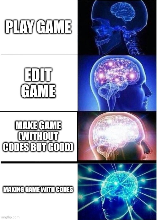 Humans be like... | PLAY GAME; EDIT GAME; MAKE GAME (WITHOUT CODES BUT GOOD); MAKING GAME WITH CODES | image tagged in memes,expanding brain | made w/ Imgflip meme maker