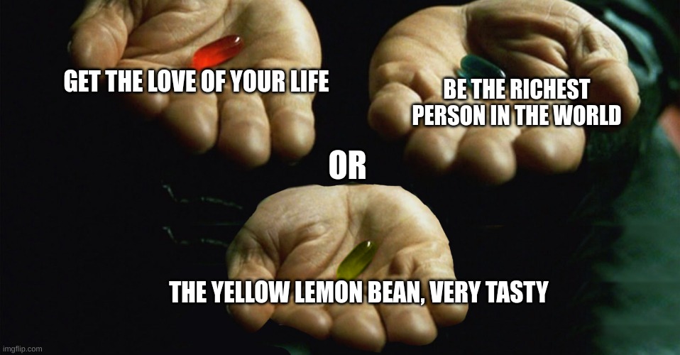 Choose wisely | GET THE LOVE OF YOUR LIFE; BE THE RICHEST PERSON IN THE WORLD; OR; THE YELLOW LEMON BEAN, VERY TASTY | image tagged in fun | made w/ Imgflip meme maker