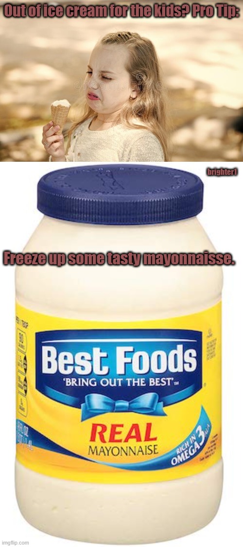 Out of Ice Cream for the kids? Pro Tip | Out of ice cream for the kids? Pro Tip:; brighter1; Freeze up some tasty mayonnaisse. | image tagged in ice cream,ice cream cone,mayonnaise,dessert,snack,snacks | made w/ Imgflip meme maker