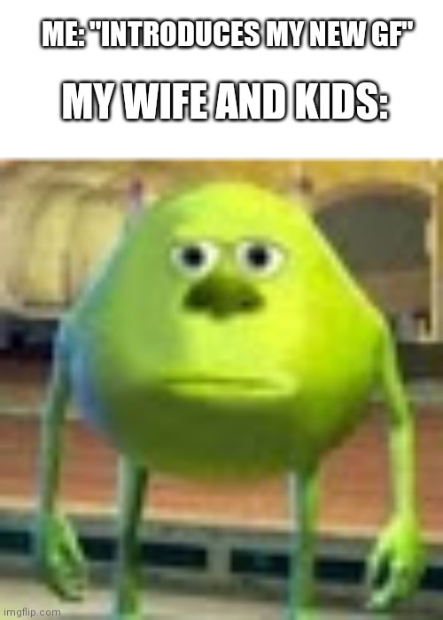 Bro living double life | MY WIFE AND KIDS:; ME: "INTRODUCES MY NEW GF" | image tagged in sully wazowski | made w/ Imgflip meme maker