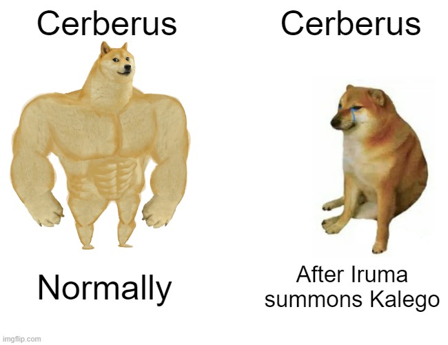 Buff Doge vs. Cheems Meme | Cerberus; Cerberus; Normally; After Iruma summons Kalego | image tagged in memes,buff doge vs cheems | made w/ Imgflip meme maker