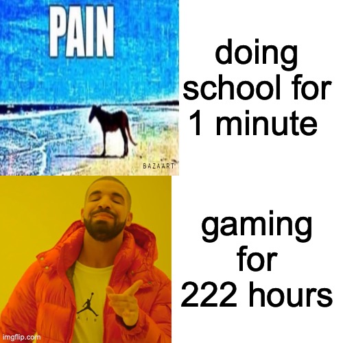 Doing school for 222 hours | doing school for 1 minute; gaming for 222 hours | image tagged in funny memes | made w/ Imgflip meme maker