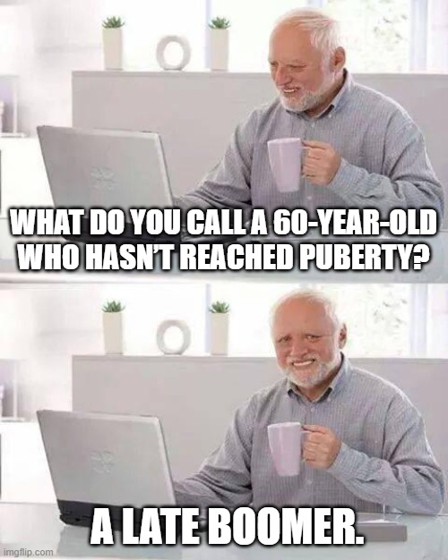 Hide the Pain Harold | WHAT DO YOU CALL A 60-YEAR-OLD WHO HASN’T REACHED PUBERTY? A LATE BOOMER. | image tagged in memes,hide the pain harold | made w/ Imgflip meme maker
