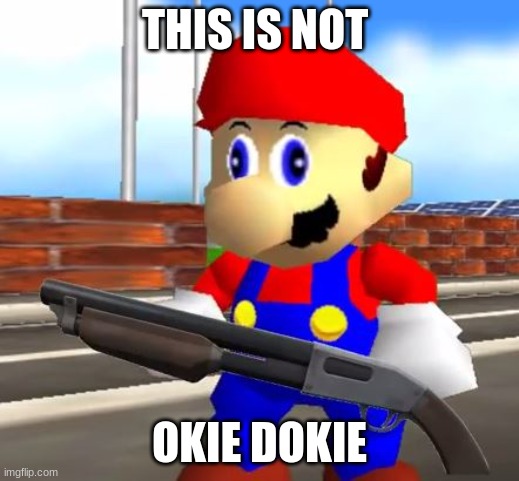 MARIO WHAT THE F**K | THIS IS NOT; OKIE DOKIE | image tagged in smg4 shotgun mario | made w/ Imgflip meme maker