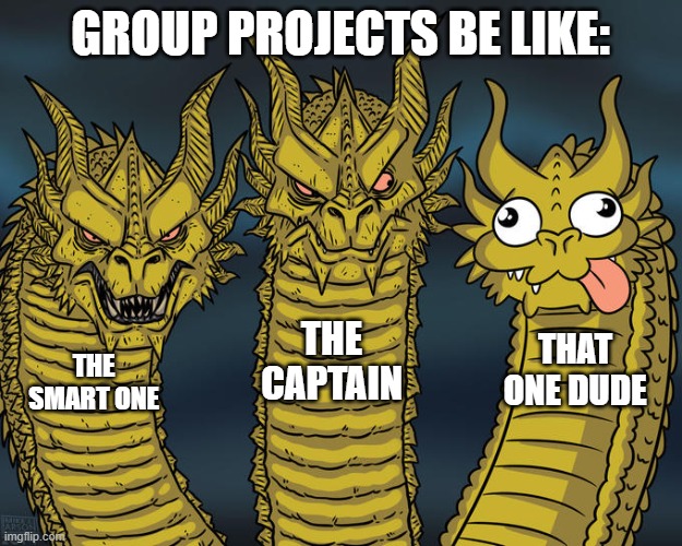 Three-headed Dragon | GROUP PROJECTS BE LIKE:; THE CAPTAIN; THAT ONE DUDE; THE SMART ONE | image tagged in three-headed dragon | made w/ Imgflip meme maker