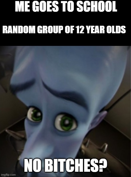 Megamind peeking | ME GOES TO SCHOOL; RANDOM GROUP OF 12 YEAR OLDS; NO BITCHES? | image tagged in megamind peeking | made w/ Imgflip meme maker