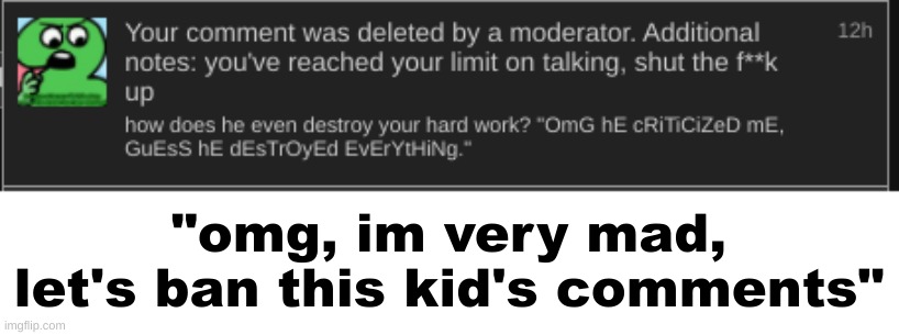 "omg, im very mad, let's ban this kid's comments" | made w/ Imgflip meme maker