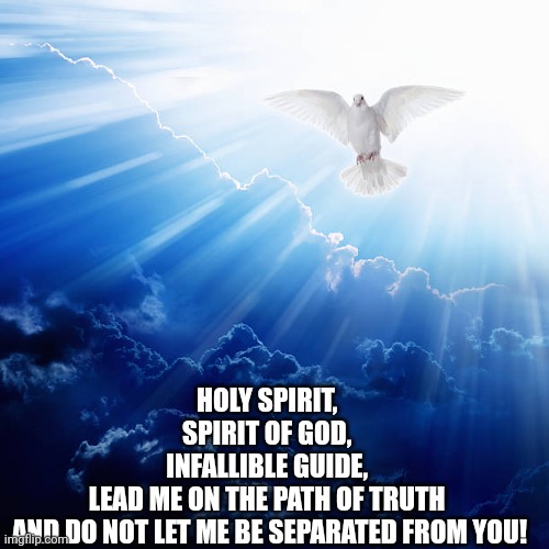 Holy Spirit | HOLY SPIRIT, 
SPIRIT OF GOD, 
INFALLIBLE GUIDE, 
LEAD ME ON THE PATH OF TRUTH 
AND DO NOT LET ME BE SEPARATED FROM YOU! | image tagged in holy spirit,holy bible,catholic,christian,october,love | made w/ Imgflip meme maker