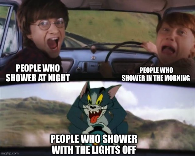 Tom chasing Harry and Ron Weasly | PEOPLE WHO SHOWER IN THE MORNING; PEOPLE WHO SHOWER AT NIGHT; PEOPLE WHO SHOWER WITH THE LIGHTS OFF | image tagged in tom chasing harry and ron weasly,shower thoughts | made w/ Imgflip meme maker