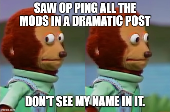 Awkward look | SAW OP PING ALL THE MODS IN A DRAMATIC POST; DON'T SEE MY NAME IN IT. | image tagged in awkward look | made w/ Imgflip meme maker