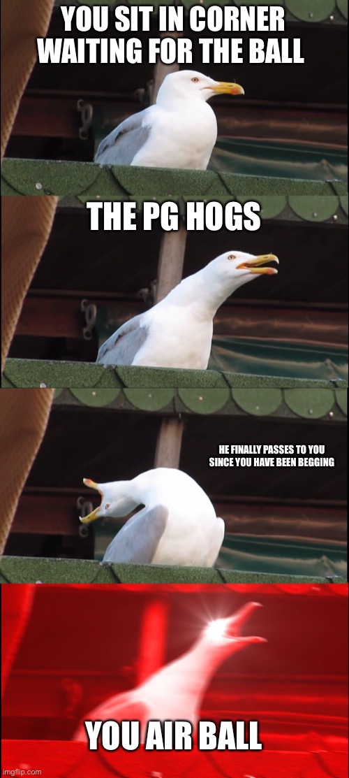 Inhaling Seagull Meme | YOU SIT IN CORNER WAITING FOR THE BALL; THE PG HOGS; HE FINALLY PASSES TO YOU SINCE YOU HAVE BEEN BEGGING; YOU AIR BALL | image tagged in memes,inhaling seagull | made w/ Imgflip meme maker