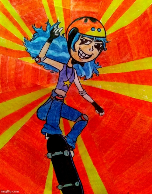 Skateboard girl drawing (my friend created this character) | image tagged in drawing,cartoon,art,skateboarding,trending,trending now | made w/ Imgflip meme maker
