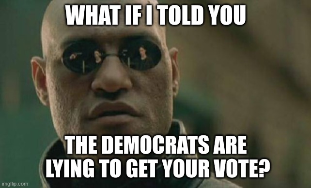 Matrix Morpheus Meme | WHAT IF I TOLD YOU; THE DEMOCRATS ARE
 LYING TO GET YOUR VOTE? | image tagged in memes,matrix morpheus | made w/ Imgflip meme maker