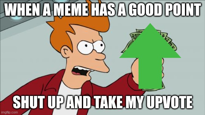 Shut Up And Take My Money Fry | WHEN A MEME HAS A GOOD POINT; SHUT UP AND TAKE MY UPVOTE | image tagged in memes,shut up and take my money fry | made w/ Imgflip meme maker