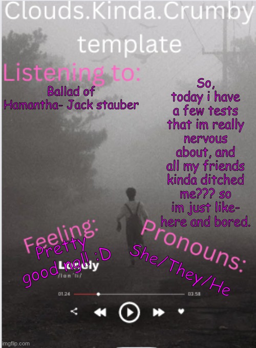 Ye | So, today i have a few tests that im really nervous about, and all my friends kinda ditched me??? so im just like- here and bored. Ballad of Hamantha- Jack stauber; Pretty good ngl! :D; She/They/He | made w/ Imgflip meme maker