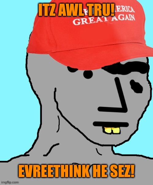 MAGA NPC | ITZ AWL TRU! EVREETHINK HE SEZ! | image tagged in maga npc | made w/ Imgflip meme maker