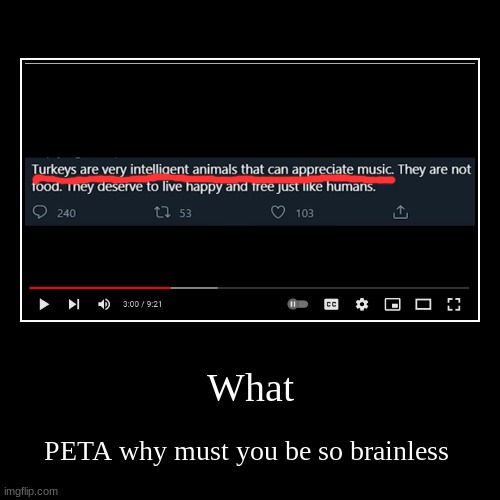 Turkeys are so dumb, they climb up trees and then jump off them because they can't climb back down | What | PETA why must you be so brainless | image tagged in funny,demotivationals,peta,what | made w/ Imgflip demotivational maker