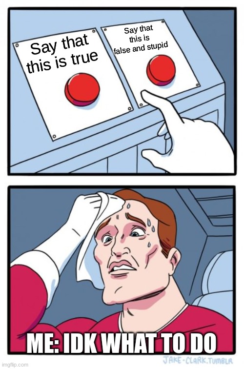 Two Buttons Meme | Say that this is true Say that this is false and stupid ME: IDK WHAT TO DO | image tagged in memes,two buttons | made w/ Imgflip meme maker
