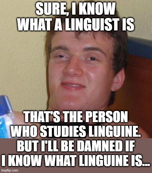 Depends On What The Meaning Of Ist, Ist... | SURE, I KNOW WHAT A LINGUIST IS; THAT'S THE PERSON WHO STUDIES LINGUINE.
BUT I'LL BE DAMNED IF I KNOW WHAT LINGUINE IS... | image tagged in stoned guy,memes,funny memes,humor,funny,what is this | made w/ Imgflip meme maker