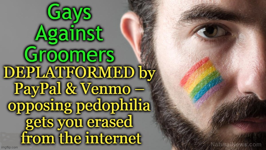 When Gays are Just Trying to "Protect Children", The Pure EVIL of the Left's Agenda is So OBVIOUS... | Gays 
Against 
Groomers; DEPLATFORMED by 
PayPal & Venmo – 
opposing pedophilia 
gets you erased 
from the internet | image tagged in politics,liberals vs conservatives,gays,children,protection,evil agenda of the left | made w/ Imgflip meme maker