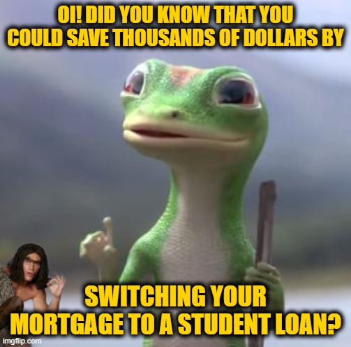 Geico Gecko | OI! DID YOU KNOW THAT YOU COULD SAVE THOUSANDS OF DOLLARS BY SWITCHING YOUR MORTGAGE TO A STUDENT LOAN? | image tagged in geico gecko | made w/ Imgflip meme maker