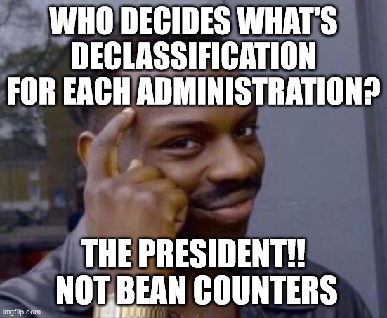 black guy pointing at head | WHO DECIDES WHAT'S DECLASSIFICATION FOR EACH ADMINISTRATION? THE PRESIDENT!!  NOT BEAN COUNTERS | image tagged in black guy pointing at head | made w/ Imgflip meme maker