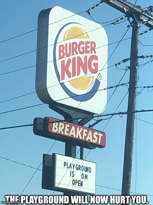 Burger King: Hurting children | THE PLAYGROUND WILL NOW HURT YOU. | image tagged in burger king,you had one job,play hurts | made w/ Imgflip meme maker