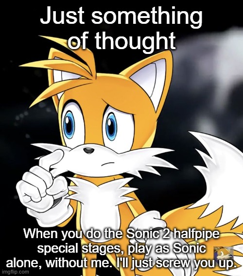 mission: collect 100 bombs | Just something of thought; When you do the Sonic 2 halfpipe special stages, play as Sonic alone, without me. I'll just screw you up. | image tagged in tails thinking | made w/ Imgflip meme maker