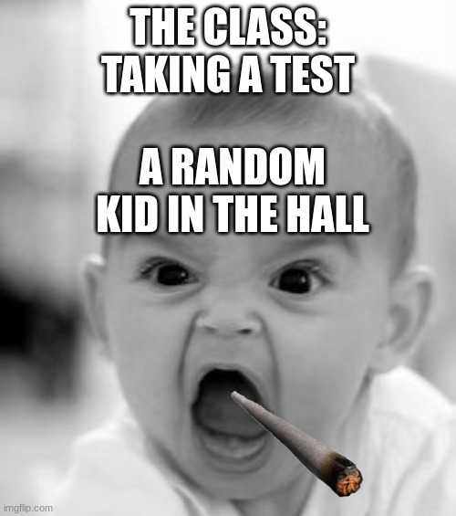 Angry Baby Meme | THE CLASS: TAKING A TEST; A RANDOM KID IN THE HALL | image tagged in memes,angry baby | made w/ Imgflip meme maker
