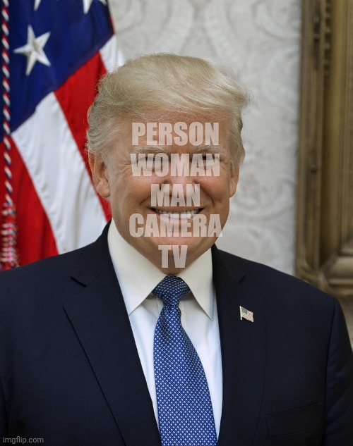 PersonWomanManCameraTV | PERSON
WOMAN
MAN
CAMERA
TV | image tagged in trumpo | made w/ Imgflip meme maker