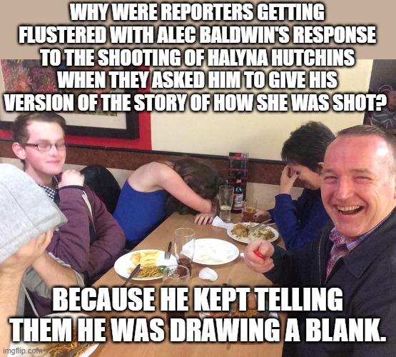 Blankety Blank | WHY WERE REPORTERS GETTING FLUSTERED WITH ALEC BALDWIN'S RESPONSE TO THE SHOOTING OF HALYNA HUTCHINS WHEN THEY ASKED HIM TO GIVE HIS VERSION OF THE STORY OF HOW SHE WAS SHOT? BECAUSE HE KEPT TELLING THEM HE WAS DRAWING A BLANK. | image tagged in dad joke meme,memes,humor,dark humor,alec baldwin,funny not funny | made w/ Imgflip meme maker