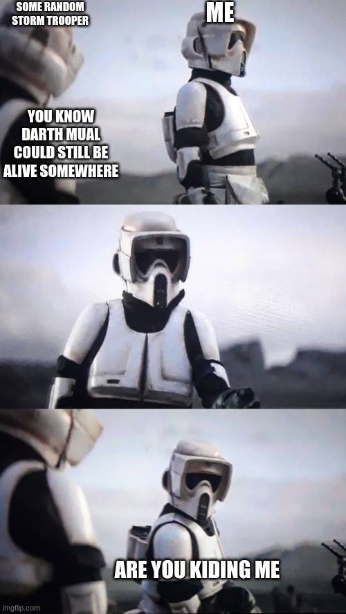 Storm Trooper Conversation | ME; SOME RANDOM STORM TROOPER; YOU KNOW DARTH MUAL COULD STILL BE ALIVE SOMEWHERE; ARE YOU KIDING ME | image tagged in storm trooper conversation | made w/ Imgflip meme maker