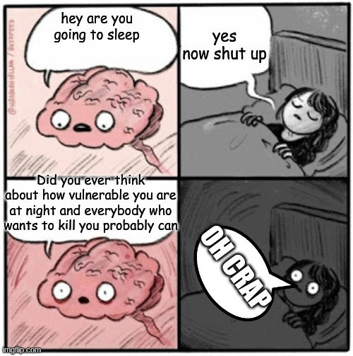 Death???? | yes now shut up; hey are you going to sleep; Did you ever think about how vulnerable you are at night and everybody who wants to kill you probably can; OH CRAP | image tagged in brain before sleep | made w/ Imgflip meme maker