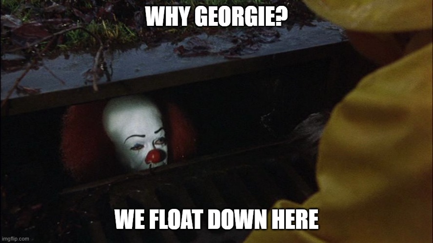 it clown in sewer | WHY GEORGIE? WE FLOAT DOWN HERE | image tagged in it clown in sewer | made w/ Imgflip meme maker