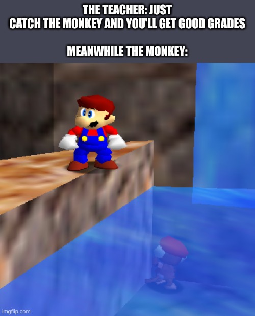 Grades | THE TEACHER: JUST CATCH THE MONKEY AND YOU'LL GET GOOD GRADES
 
MEANWHILE THE MONKEY: | image tagged in monkey,mario,grades,school,middle-school | made w/ Imgflip meme maker