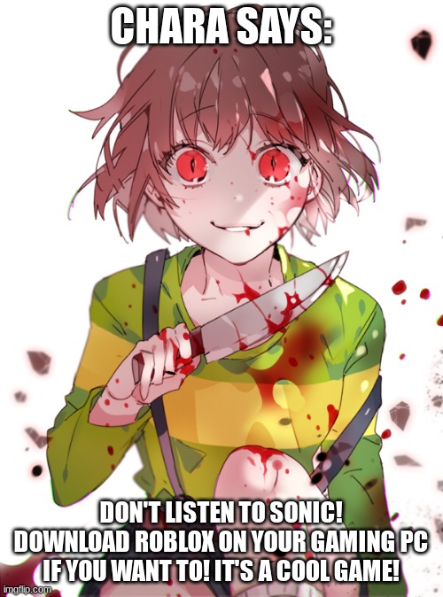Undertale Chara | CHARA SAYS: DON'T LISTEN TO SONIC! DOWNLOAD ROBLOX ON YOUR GAMING PC IF YOU WANT TO! IT'S A COOL GAME! | image tagged in undertale chara | made w/ Imgflip meme maker