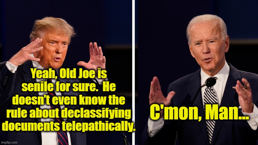 Trump/Biden Fitness for Office | Yeah, Old Joe is senile for sure.  He doesn’t even know the rule about declassifying documents telepathically. C'mon, Man... | image tagged in joe biden,creepy joe biden,maga,donald trump approves,nevertrump,trump | made w/ Imgflip meme maker