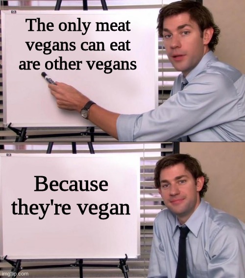 Why is this so true |  The only meat vegans can eat are other vegans; Because they're vegan | image tagged in jim halpert explains | made w/ Imgflip meme maker