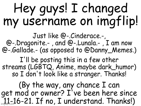 Blank White Template | Hey guys! I changed my username on imgflip! Just like @-.Cinderace.-, @-.Dragonite.- , and @-.Lunala.- , I am now @-.Gallade.- (as opposed to @Danny_Memes.); I'll be posting this in a few other streams (LGBTQ, Anime, maybe dark_humor) so I don't look like a stranger. Thanks! (By the way, any chance I can get mod or owner? I've been here since 11-16-21. If no, I understand. Thanks!) | image tagged in blank white template | made w/ Imgflip meme maker