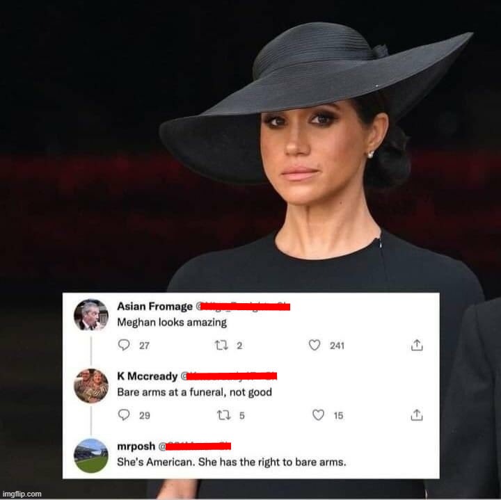 Meghan's Arms | image tagged in meghan markle,queen of england,royal family,british royals,second amendment,right to bear arms | made w/ Imgflip meme maker
